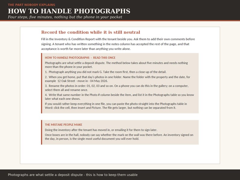 May include: A white informational document titled How to Handle Photographs, featuring four steps for documenting property conditions. The text provides instructions on taking room photos, organizing files, renaming images, and using inventory reports.