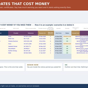 May include: A digital spreadsheet titled THE DATES THAT COST MONEY, designed to track insurance, cover, and certificates. The table includes columns for document type, provider, reference, renewal dates, alert timing, status, annual cost, and notes.