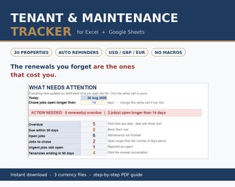Landlord Tenant Maintenance Tracker, Rental Property Renewal Reminder (Excel/Google Sheets)
