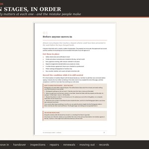 May include: A page from a handbook titled Seven Stages, In Order, focusing on the first stage, Before anyone moves in. The text provides guidance on property preparation, safety checks, tenancy agreements, and photographic inventory procedures.