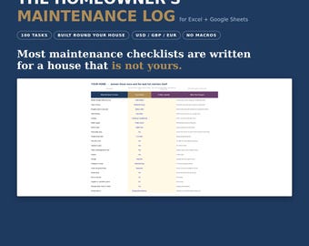 Home Maintenance Checklist Spreadsheet, Homeowner Schedule & Warranty Tracker (Excel/Google Sheets)