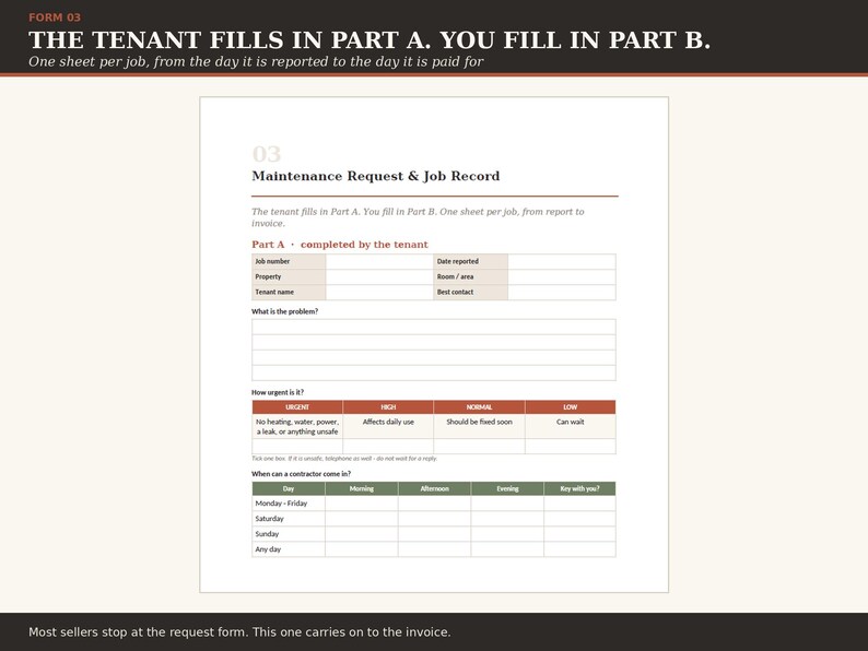 May include: A white Maintenance Request & Job Record form with black text and orange accents. The document includes sections for Part A completed by the tenant, a problem description area, an urgency scale, and a contractor availability schedule.