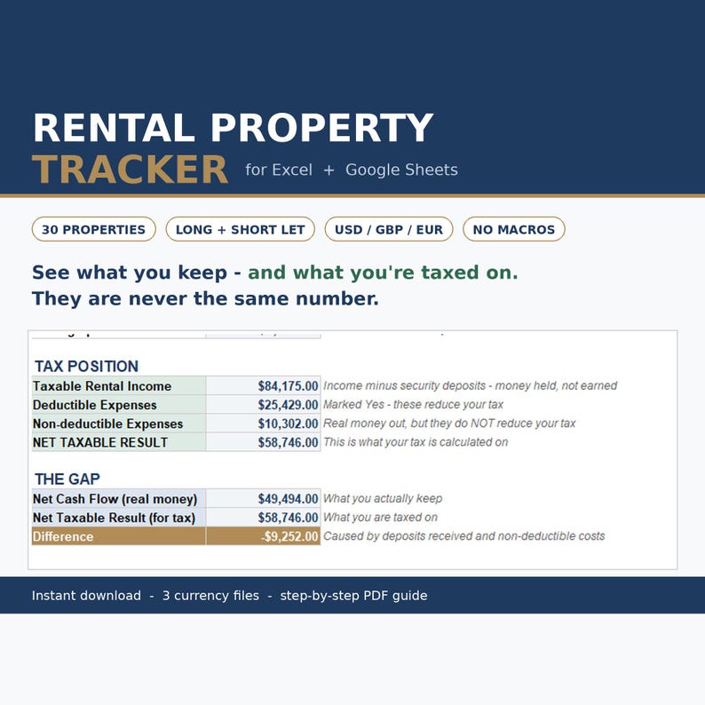 May include: A digital rental property tracker spreadsheet for Excel and Google Sheets. The interface displays tax position and cash flow calculations, including labels for 30 properties, long and short let, and currency options in USD, GBP, and EUR.