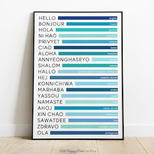 Hello in Different Languages Print | Blue Typography Multi Cultural Diversity Welcome Greetings Large Poster Nursery DIY Printable Wall Art