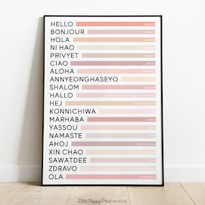 Hello in Different Languages Print | Pink Beige Typography Entryway Home Decor Office Welcome Greetings Large Poster Printable Wall Art