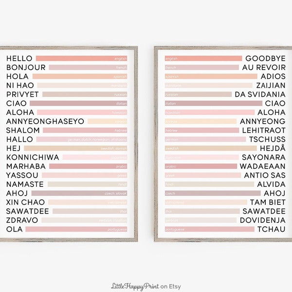 Set of 2 Hello & Goodbye in Different Languages Print Neutral Typography Home Decor Office Welcome Greetings Large Poster Printable Wall Art