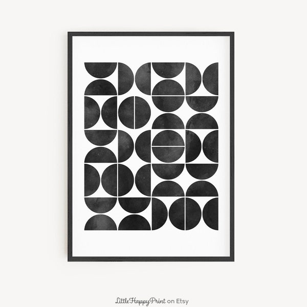 Geometric Abstract Print | Black Half Moons Circles Mid Century Modern Scandinavian Shapes Home Decor Printable Wall Art *INSTANT DOWNLOAD*