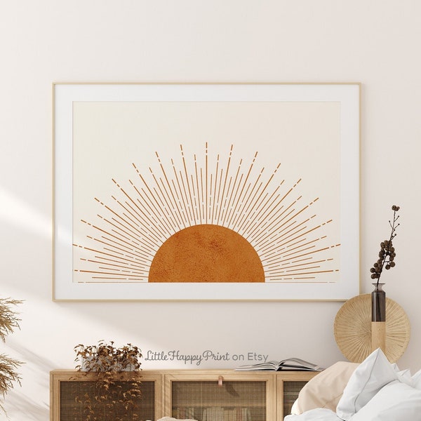 Boho Brown Sunrise Print | Horizontal Landscape Neutral Sun Rays Mid Century Scandinavian Home Decor Printable Wall Art *INSTANT DOWNLOAD*