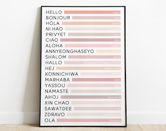Hello in Different Languages Print | Pink Beige Typography Entryway Home Decor Office Welcome Greetings Large Poster Printable Wall Art