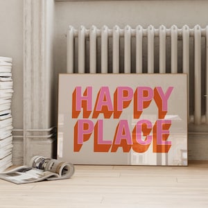 Impresión de Happy Place / Rosa Naranja Beige Retro Funky Cita Tipografía Ecléctica Caprichosa Divertida Decoración del Hogar Arte de Pared Imprimible *DESCARGA INSTANTÁNEA*