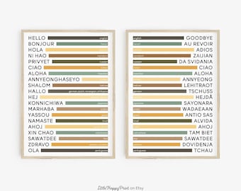 Conjunto de 2 saludos y despedidas en diferentes idiomas, tipografía de colores retro, decoración del hogar, oficina, saludos de bienvenida, póster grande, arte de pared imprimible.