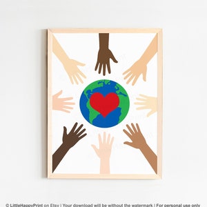 Earth Heart Hands Print | Diversity Equality Inclusive Unity Multi Cultural Different Skin Colors Environment Classroom Printable Wall Art