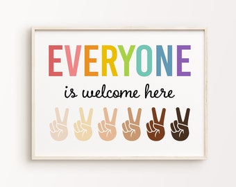 Everyone Is Welcome Here Print | Equality Diversity Inclusive Classroom School Rainbow Colourful Peace Sign Hands Poster *INSTANT DOWNLOAD*