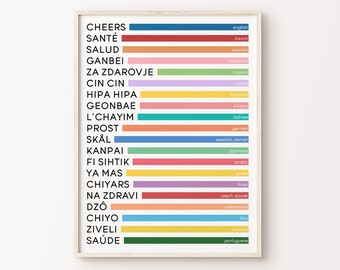 Cheers in Different Languages Print | Colourful Typography Fun Home Decor Bar Cart International Travel Large Poster *INSTANT DOWNLOAD*