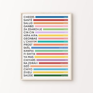 Cheers in Different Languages Print | Colourful Typography Fun Home Decor Bar Cart International Travel Large Poster *INSTANT DOWNLOAD*