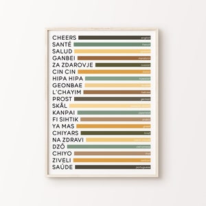 Cheers in Different Languages Print | Retro Colors Typography Fun Home Decor Bar Cart International Travel Large Poster *INSTANT DOWNLOAD*