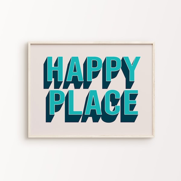 Happy Place Print | Blue Navy Beige Retro Funky Quote Typography Eclectic Whimsical Fun Home Decor Printable Wall Art *INSTANT DOWNLOAD*