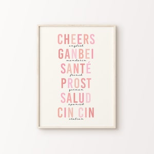 Cheers in Different Languages Print | Bar Cart Pink Blush Beige Typography Fun Home Decor International Travel Poster *INSTANT DOWNLOAD*