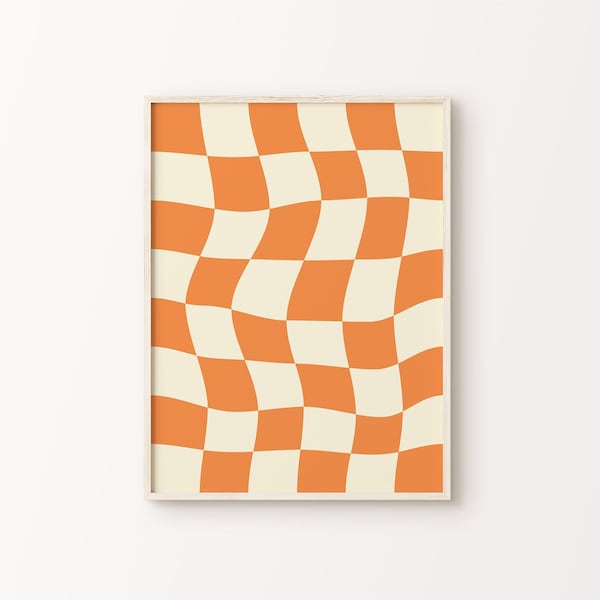 Orange Beige Wavy Checker Print | Checkerboard Groovy Trendy Retro Boho Funky Y2K Vibes Home Decor Printable Wall Art *INSTANT DOWNLOAD*