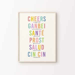 Cheers in Different Languages Print | Bar Cart Colourful Rainbow Typography Fun Home Decor International Travel Poster *INSTANT DOWNLOAD*