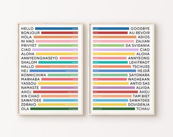 Juego de 2 Hola y adiós en diferentes idiomas / Tipografía colorida Decoración para el hogar Oficina Saludos de bienvenida Cartel grande Arte de pared imprimible