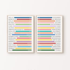 Set of 2 Hello & Goodbye in Different Languages | Colourful Typography Home Decor Office Welcome Greetings Large Poster Printable Wall Art