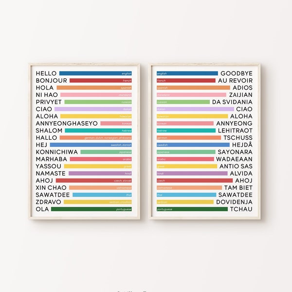 Set di 2 Hello & Goodbye in diverse lingue / Tipografia colorata Oggettistica per la casa Ufficio Saluti di benvenuto Poster grande stampabile Wall Art