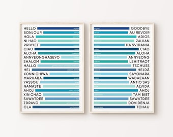 Conjunto de 2 impresiones de Hola y Adiós en diferentes idiomas, tipografía azul, decoración del hogar, oficina, saludos de bienvenida, póster grande, arte de pared imprimible.