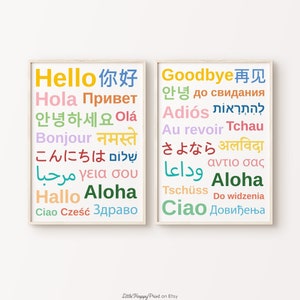 Conjunto de 2 Hello & Goodbye en diferentes idiomas / tipografía colorida decoración del hogar oficina saludos de bienvenida cartel grande *DESCARGA INSTANTE*