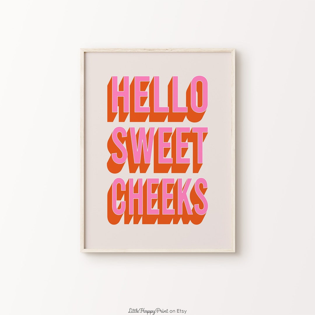 Hello Sweet Cheeks Print Pink Orange Beige Bathroom Retro Cute Vibrant ...