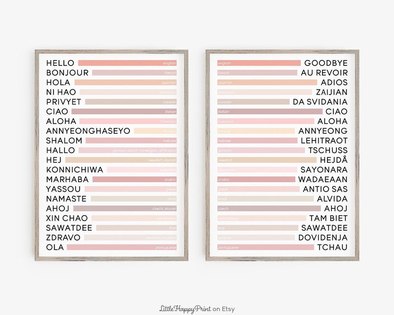 Set of 2 Hello & Goodbye in Different Languages Print Neutral Typography Home Decor Office Welcome Greetings Large Poster Printable Wall Art image 1