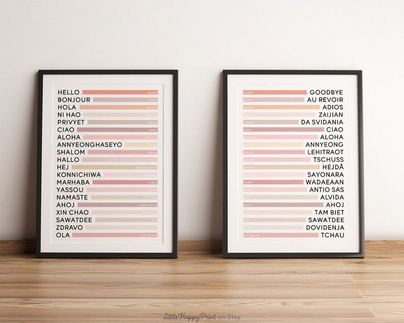 Set of 2 Hello & Goodbye in Different Languages Print Neutral Typography Home Decor Office Welcome Greetings Large Poster Printable Wall Art image 2