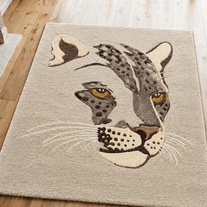 手織りヒョウ柄ラグ、ニュージーランド産ウール製アニマルラグ、ワイルドキャット柄子供部屋ラグ、キッズルーム装飾、モダンなステートメントエリアラグ