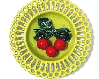 Vintage Sarreguemines Majolica Cherry Plate with Lattice Edge