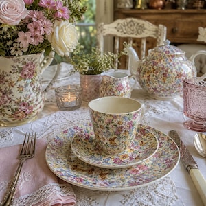 Puede incluir: Un juego de té floral que incluye una taza, un platillo y un plato con un patrón colorido de pequeñas flores y mariposas. El conjunto está dispuesto sobre un mantel de encaje blanco junto a una jarra, tetera y lechera a juego con motivos florales.