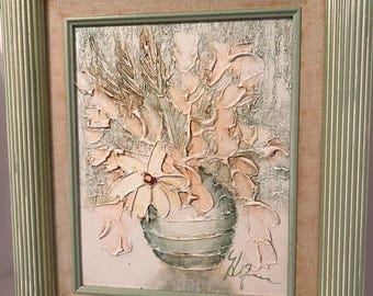 Vintage Textured Floral Impasto Art in Mint Green Ribbed Frame