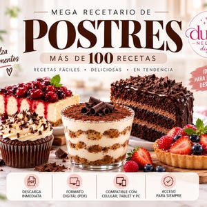 Puede incluir: Un recetario digital titulado MEGA RECETARIO DE POSTRES MÁS DE 100 RECETAS con imágenes de una tarta de queso con cerezas, un cupcake de chocolate, tiramisú, tarta de chocolate y tarta de fresas, con iconos de formato PDF y acceso digital.
