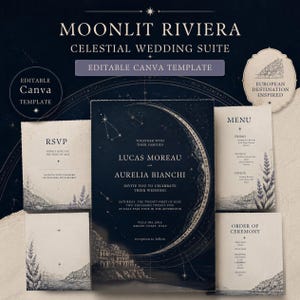 May include: A Moonlit Riviera celestial wedding suite editable Canva template featuring dark blue stationery with a crescent moon, star constellations, and coastal village illustrations. Includes an invitation, RSVP card, menu, and order of ceremony.