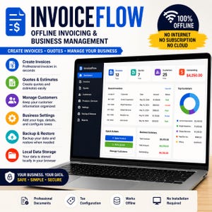 Puede incluir: Un ordenador portátil que muestra el panel de control del software InvoiceFlow, con una interfaz azul y blanca que incluye gráficos, datos de clientes y listas de facturas. La pantalla muestra texto como InvoiceFlow, Offline Invoicing & Business Management.