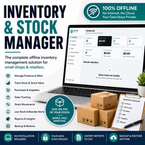 Könnte beinhalten: Ein Laptop zeigt ein Bestandsverwaltungs-Dashboard mit dem Text Inventory & Stock Manager, 100% Offline und Stay On Top Of Your Stock. Drei Pappkartons und ein Klemmbrett mit einer Inventarliste befinden sich vor dem Bildschirm.