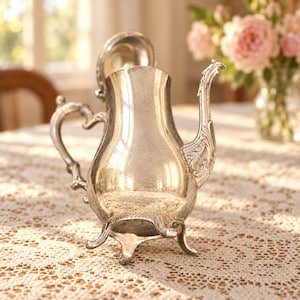 May include: A silver-toned metal teapot featuring a curved handle, a decorative spout with intricate embossed detailing, a hinged lid, and three ornate, curved feet. The surface of the teapot has a polished, reflective finish.
