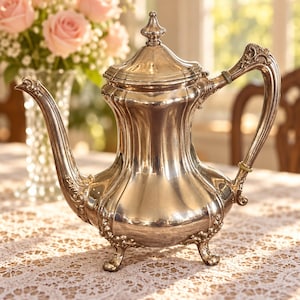 May include: A polished silver teapot featuring a curved spout, a lid with a finial, an ornate handle, and decorative feet. The body of the teapot has a fluted design with intricate embossed detailing at the base, spout, and handle attachments.