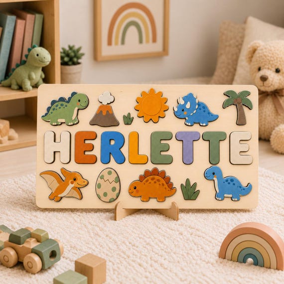 A custom wooden dinosaur name puzzle where your kid's actual name IS the puzzle — Montessori learning toy meets adorable nursery décor.