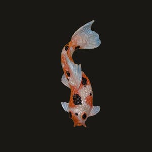 May include: A white, orange, and black koi fish figurine with a white and blue tail fin. The figurine is posed as if it is swimming.