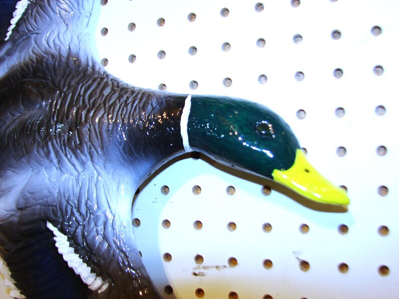K&ouml;nnte beinhalten: Keramik-Entenskulptur im Flug, mit gl&auml;nzendem Finish. Die Ente hat einen dunkelgr&uuml;nen Kopf mit gelbem Schnabel und wei&szlig;em Halsband. Die Fl&uuml;gel sind eine Mischung aus dunkelblau und hellblau, mit wei&szlig;en Akzenten.