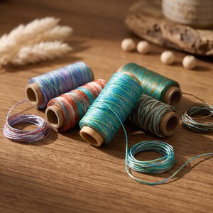 Può includere: Cinque rocchetti di filo multicolore sono disposti in un gruppo. I fili presentano motivi di colore variegati che includono sfumature di blu, verde, arancione e marrone. Ogni rocchetto ha un nucleo di cartone e dei fili sono avvolti in cerchi.