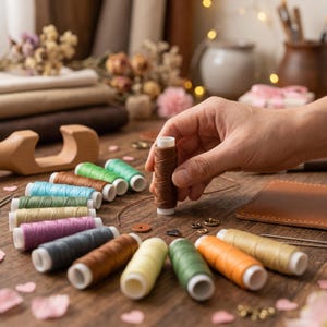 May include: A collection of small spools of sewing thread in various colors including green, blue, brown, pink, gray, yellow, and orange, arranged in a semi-circle on a wooden surface, with one brown spool held upright in the center.