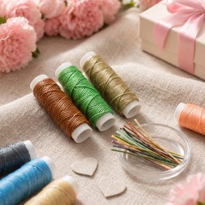 May include: Several spools of thread in brown, green, olive, blue, gray, yellow, and peach colors, alongside a small glass dish containing thin, multi-colored thread segments and two small fabric hearts on a textured beige linen fabric.