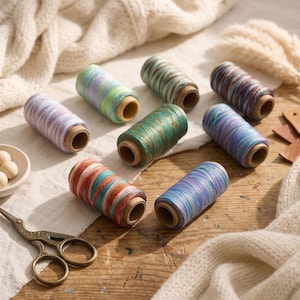 May include: Eight spools of variegated sewing thread in assorted colors including green, blue, purple, and orange, arranged on a light fabric surface. A pair of antique-style metal scissors and a small bowl of wooden beads are placed nearby.