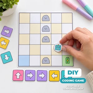 Printbaar doolhof met robotprogrammering, schermvrij programmeerspel voor kinderen, STEM-activiteit voor kleuters, spel met aanwijzingen en volgordes, PDF voor de kleuterklas